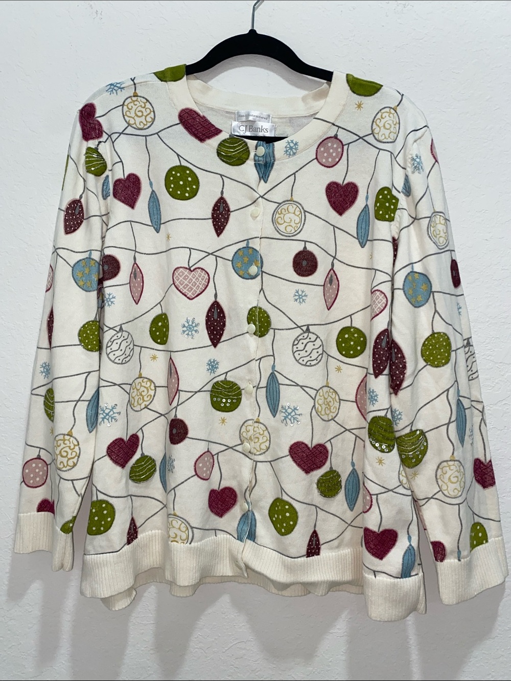CJ Banks Cotton Hand Embroidered Holiday Ornament Cardigan Sweater Size 2X